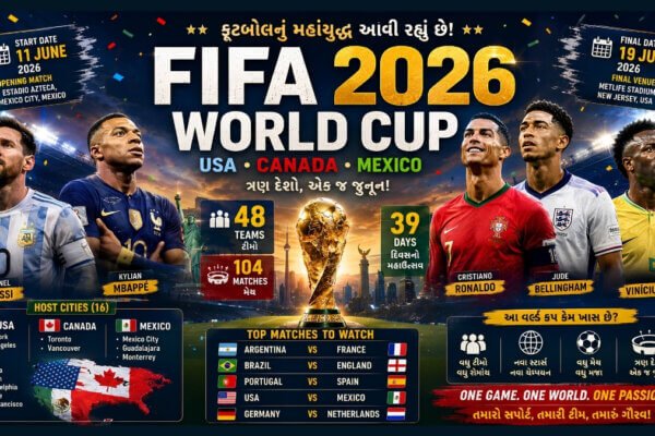 FIFA World Cup 2026 Full Schedule Top Players To Watch In FIFA 2026 FIFA World Cup 2026 India Timing Messi and Ronaldo Last World Cup FIFA World Cup 2026 Host Stadiums FIFA 2026 Most Exciting Matches FIFA World Cup 2026 Explained in Gujarati FIFA 2026 favorites to win FIFA World Cup 2026 latest updates