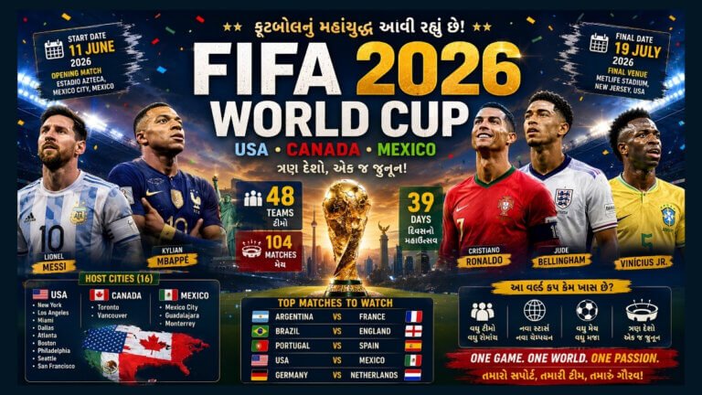 FIFA World Cup 2026 Full Schedule Top Players To Watch In FIFA 2026 FIFA World Cup 2026 India Timing Messi and Ronaldo Last World Cup FIFA World Cup 2026 Host Stadiums FIFA 2026 Most Exciting Matches FIFA World Cup 2026 Explained in Gujarati FIFA 2026 favorites to win FIFA World Cup 2026 latest updates
