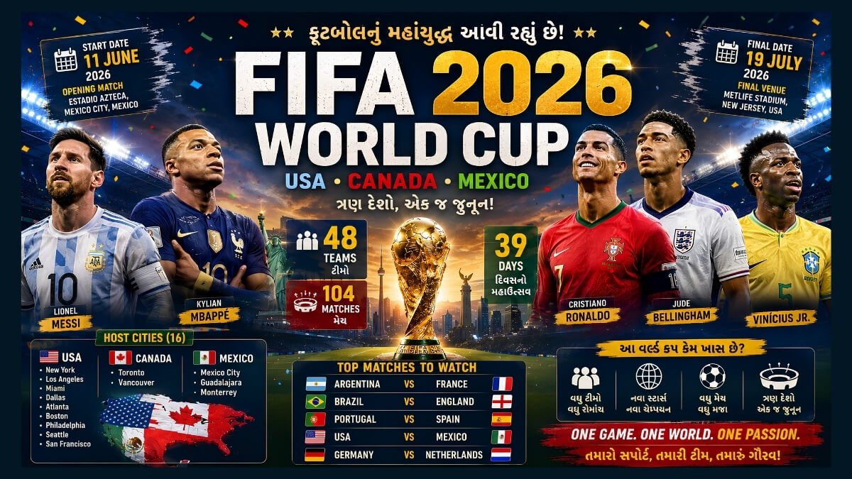 FIFA World Cup 2026 Full Schedule Top Players To Watch In FIFA 2026 FIFA World Cup 2026 India Timing Messi and Ronaldo Last World Cup FIFA World Cup 2026 Host Stadiums FIFA 2026 Most Exciting Matches FIFA World Cup 2026 Explained in Gujarati FIFA 2026 favorites to win FIFA World Cup 2026 latest updates