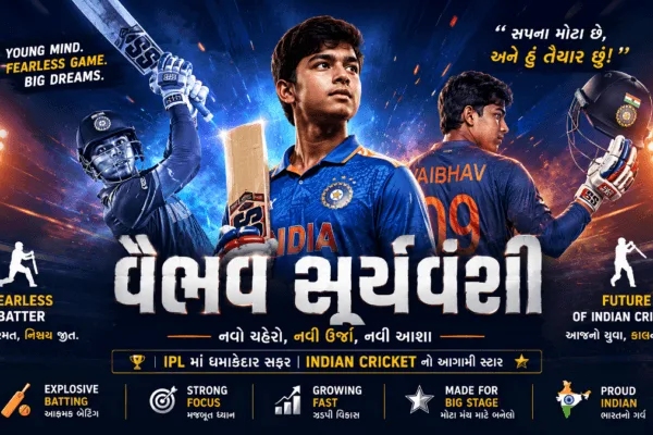 Vaibhav Suryavanshi batting in IPL style cricket stadium with dramatic lights