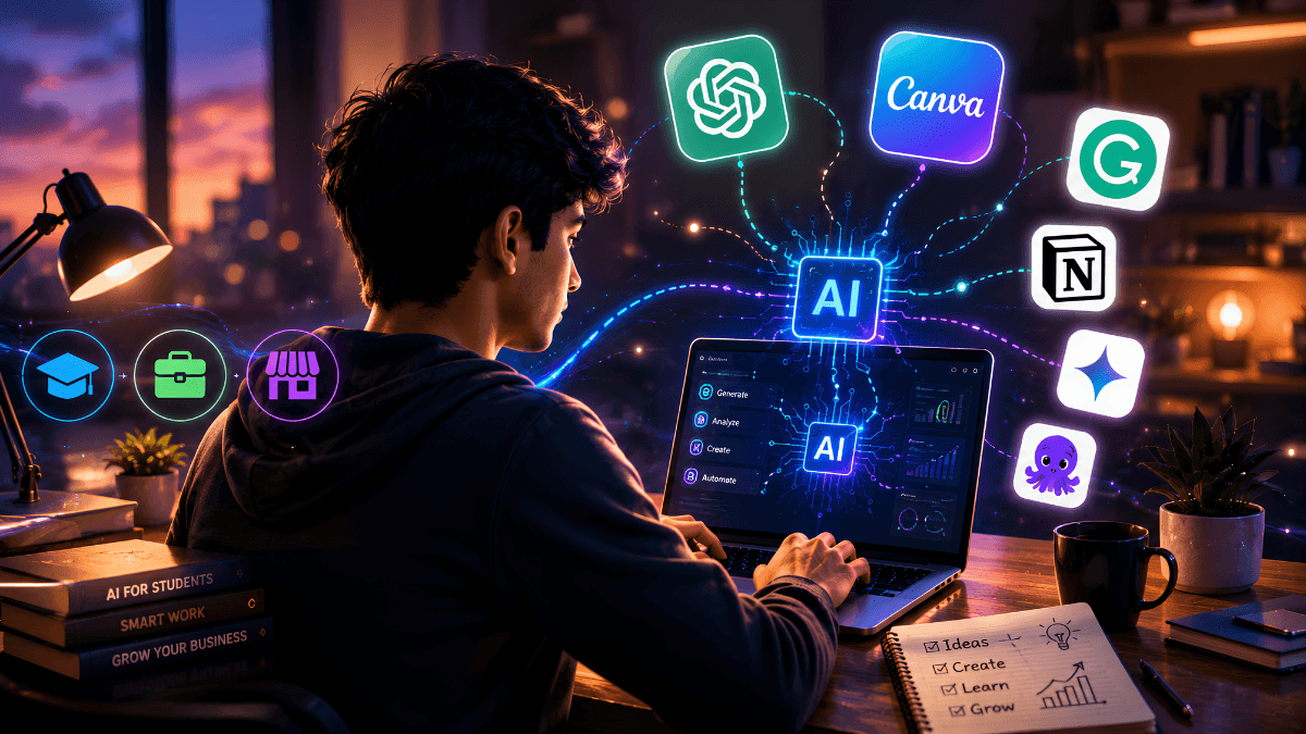 ફ્રી AI ટૂલ્સ 2026 — લેપટોપ પર કામ કરતો યુવાન અને આસપાસ AI આઇકન્સ